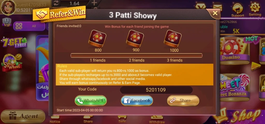 3 Patti Showy Referral Rewards