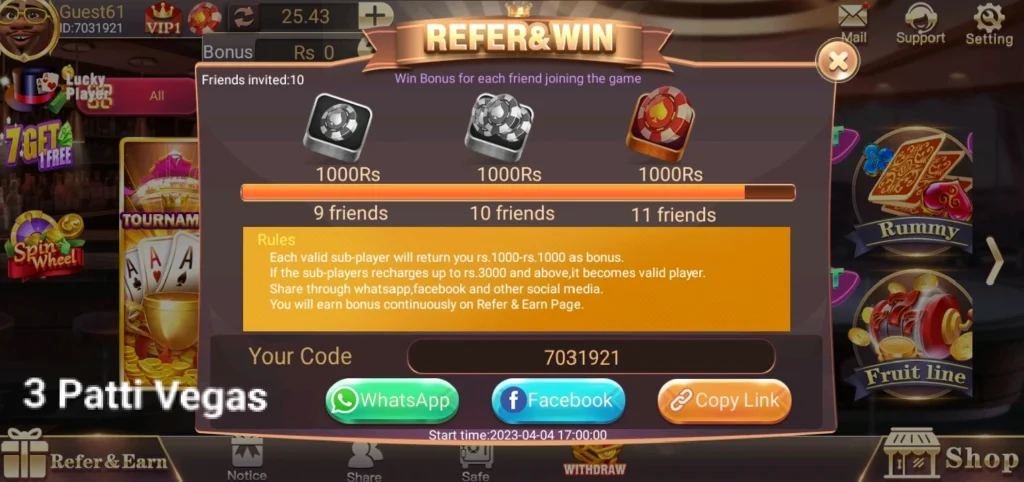 3 Patti Vegas Refer and Earn