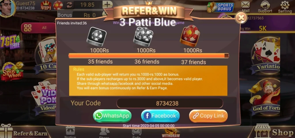 3patti blue Refer and earn